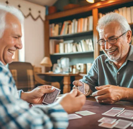 Two men are playing a card game, smiling and enjoying their time together. AI generated content