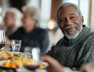 A man is sitting at a table with a plate of food in front of him. He is smiling and has a beard. There are other people in the room, including one person sitting across from him. A wine glass is also present on the table. AI generated content