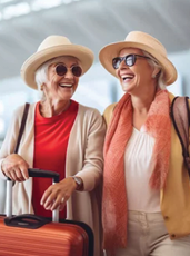 Two women wearing hats and sunglasses are laughing and smiling while holding their luggage. AI generated content